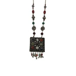 Authentic Yemeni Silver Sajal Necklace with Decorated Agates – 16 3/4"